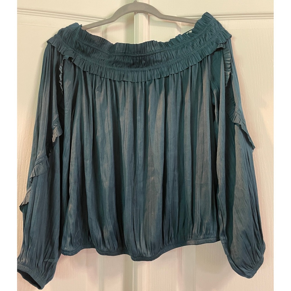 Evereve Off Shoulder Blouse Womens Large Ruffled Pleated Boho Casual Summer Blue
